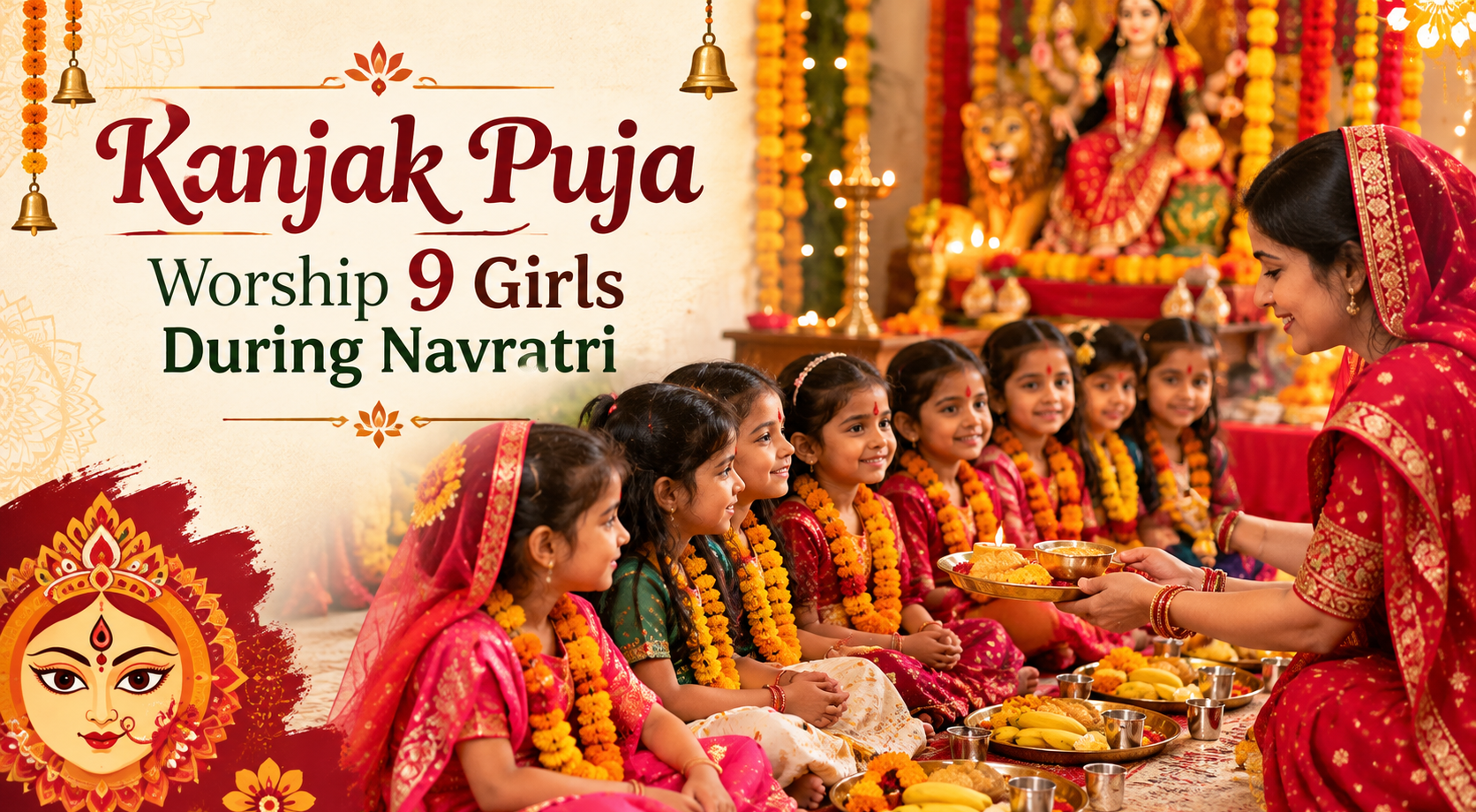 Kanjak Puja Vidhi during Navratri with nine girls worshipped as forms of Goddess Durga