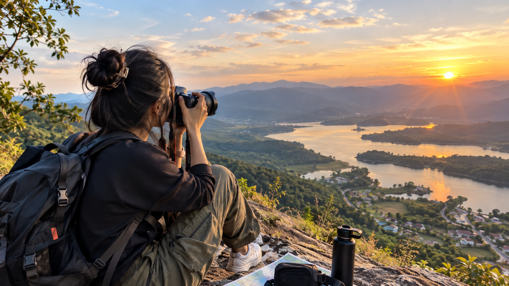 Beginner travel photographer capturing beautiful landscapes and vacation memories with a camera while exploring a scenic destination.