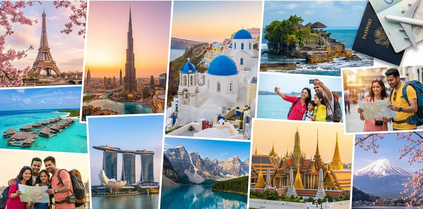 Top best places to visit in the world in 2026, featuring beautiful beaches, famous landmarks, scenic mountains, and popular international travel destinations.