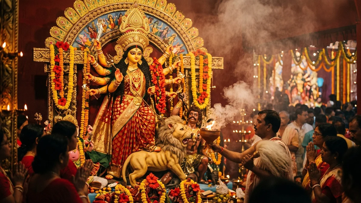 Navratri Festival 2026 featuring Goddess Durga, traditional rituals, colourful outfits, Garba dancing and Indian cultural celebrations.