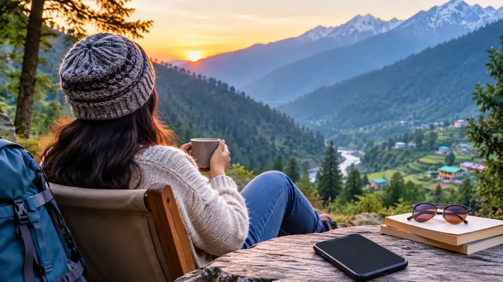 Traveler enjoying a peaceful off-grid digital detox holiday surrounded by mountains, forests, and natural scenery. Copy alt text